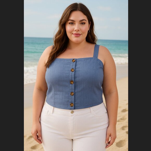 Torrid Crop Top 3X 22 24 Blue Chambray Woven Cami Tank Button Front Square Neck - Picture 1 of 6